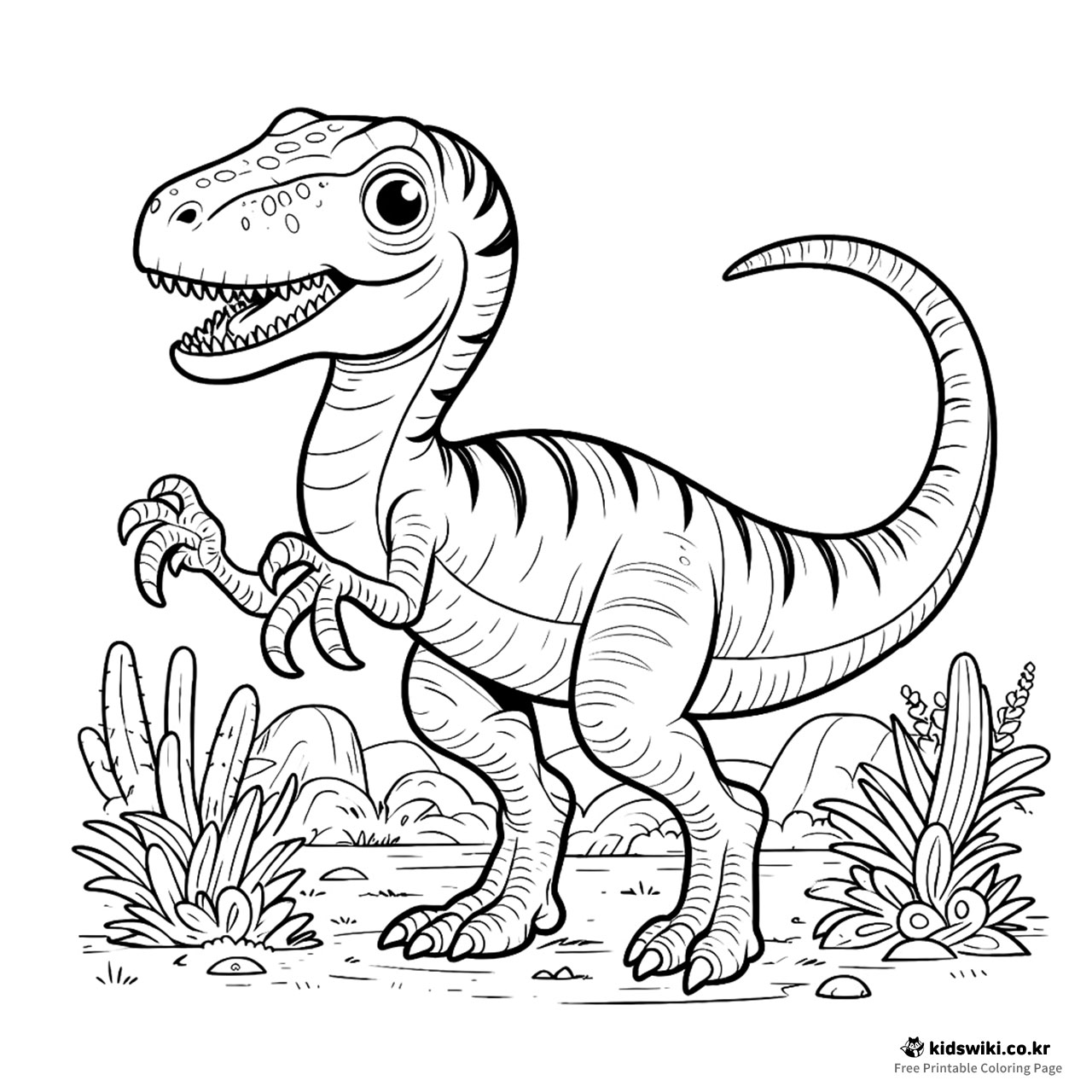 Velociraptor Dinosaur Coloring Page In A Desert Scene - KidsWiki