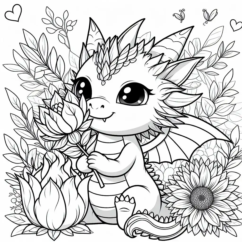 Pretty dragon smelling the fragrance of flowers