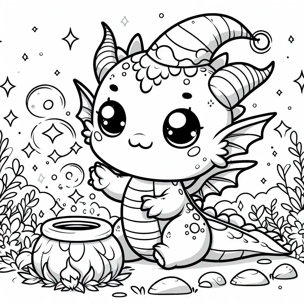 Cute dragon making magical potions